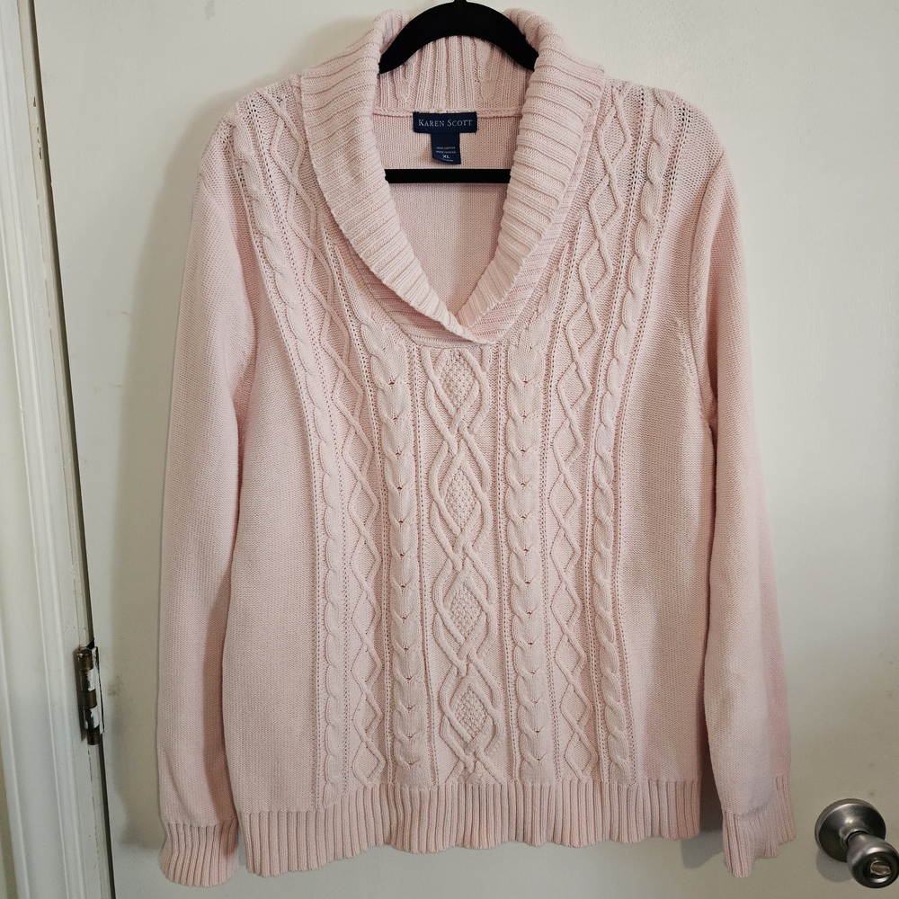 Karen Scott Women’s Sweater Size XL Pink Collared V-Neck Cable Knit 100% Cotton